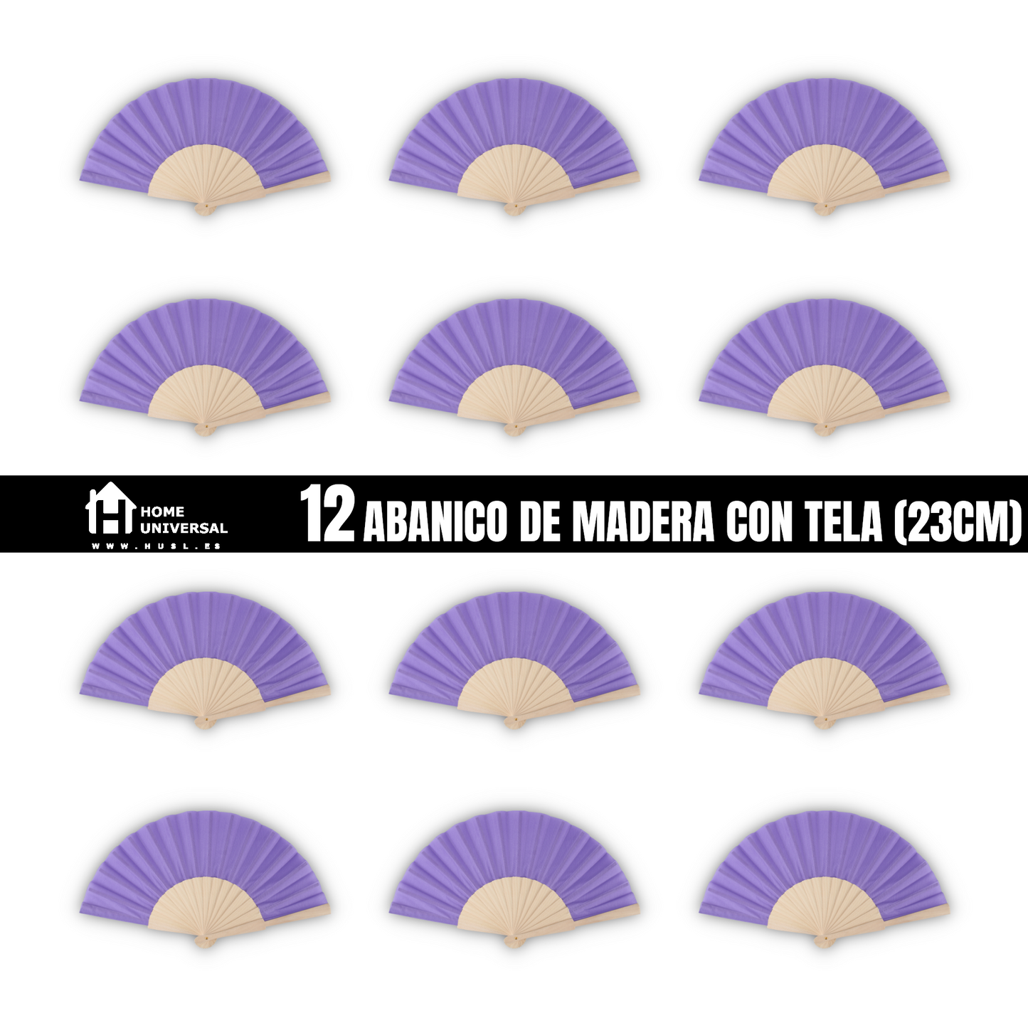 Home Universal ® Pack 12 Unidades Abanicos Madera con Tela Lisa 23cm, Detalles para los Invitados, Regalos de Boda, Fiestas, Comuniones y Otros Eventos - Morado (12 Unidades)