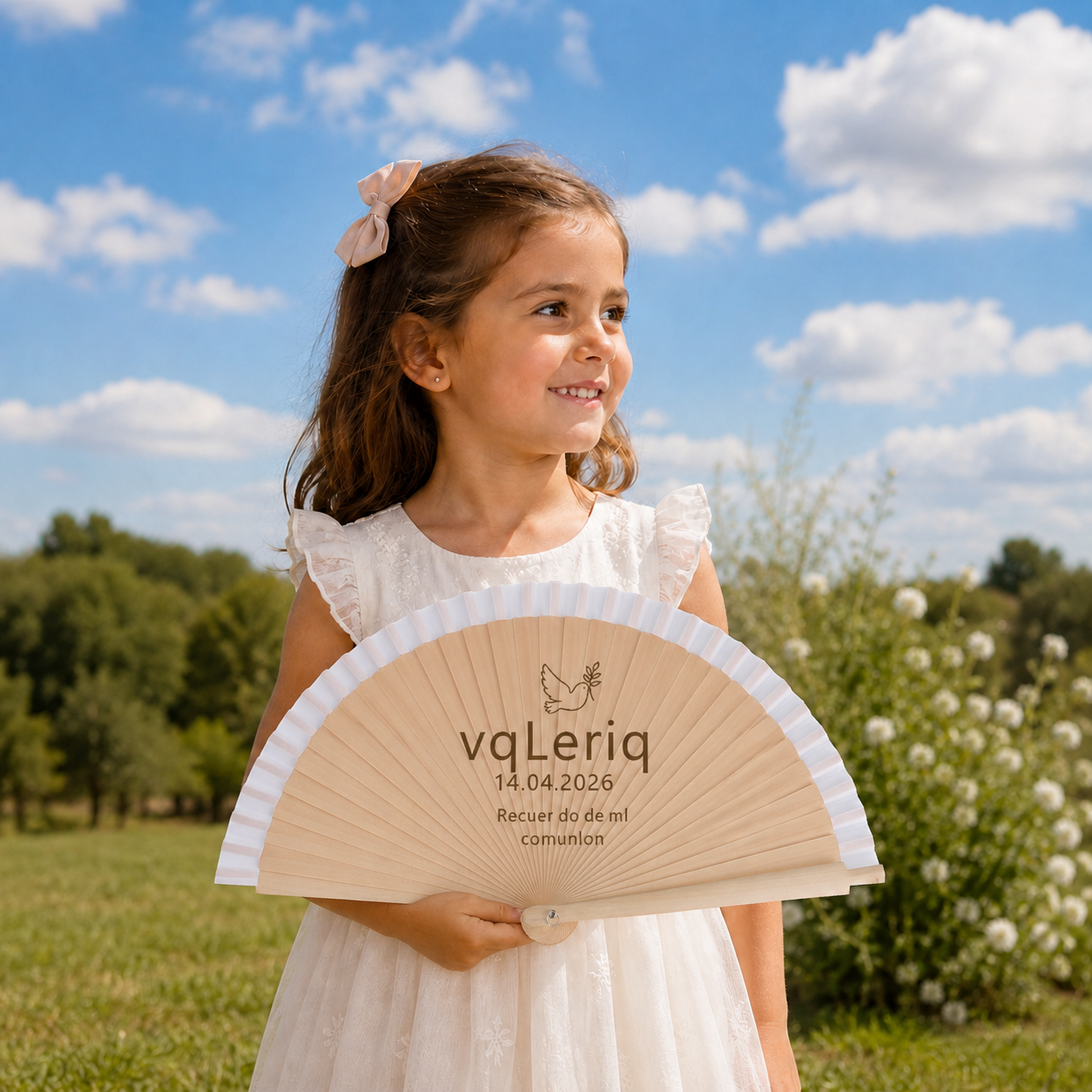 Home Universal® Abanico Personalizado de Madera, 1 Unidad – Detalle Elegante para Boda, Bautizo o Comunión, con Nombre y Fecha, Recuerdo Original para Invitados, 19 y 23 cm(Blanco)