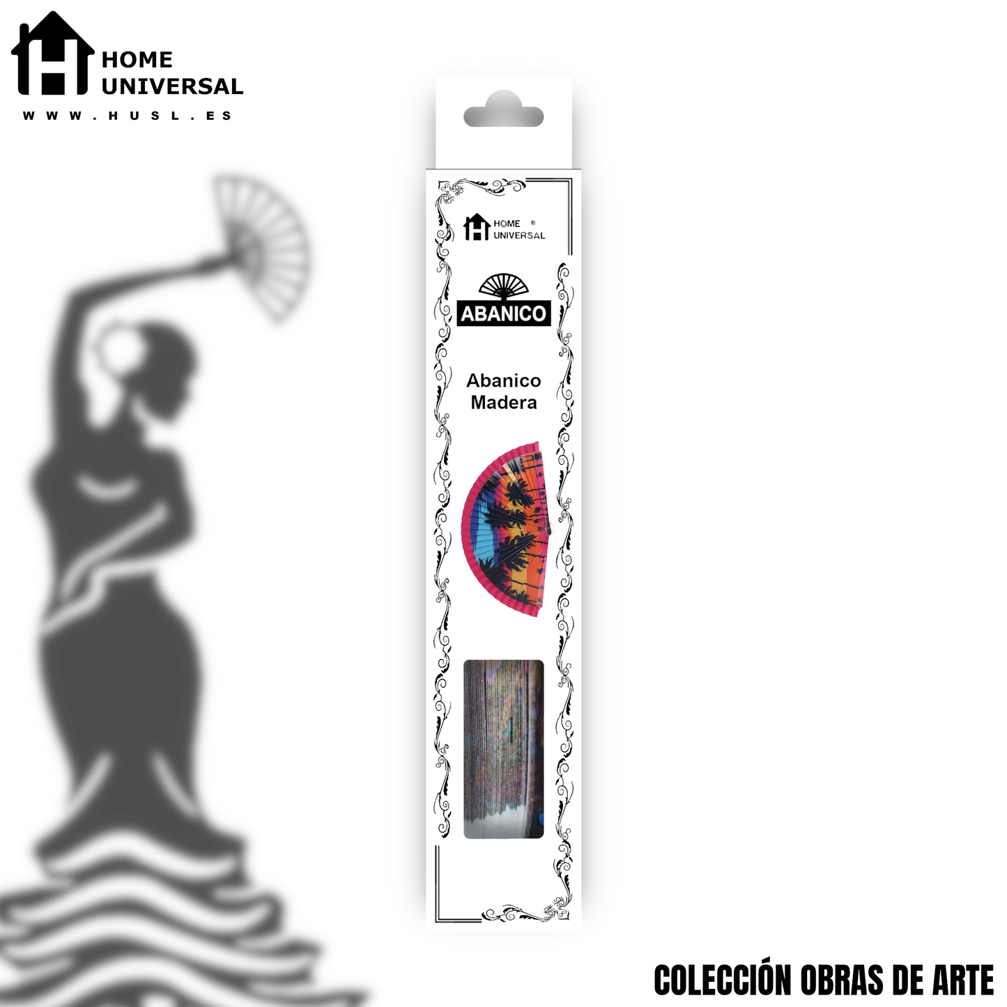 Home Universal®  Abanico 23CM DE Madera Lisa con Tela de Marfil, Abanico de Madera Adornado, Abanico Original - Paraíso Caribeño (Dibujo Artístico)