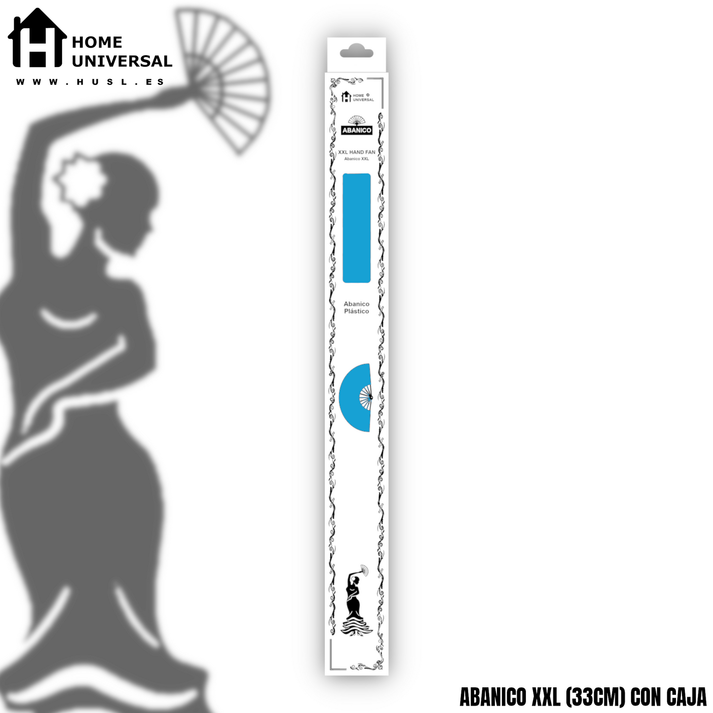 Home Universal® Abanico XXL 33 cm Grande de Plástico con Caja – Plegable, Ligero y Resistente – Efecto Fluorescente Brillante – Ideal para Verano, Fiesta, Discoteca, Pride y Eventos - Azul (Liso)