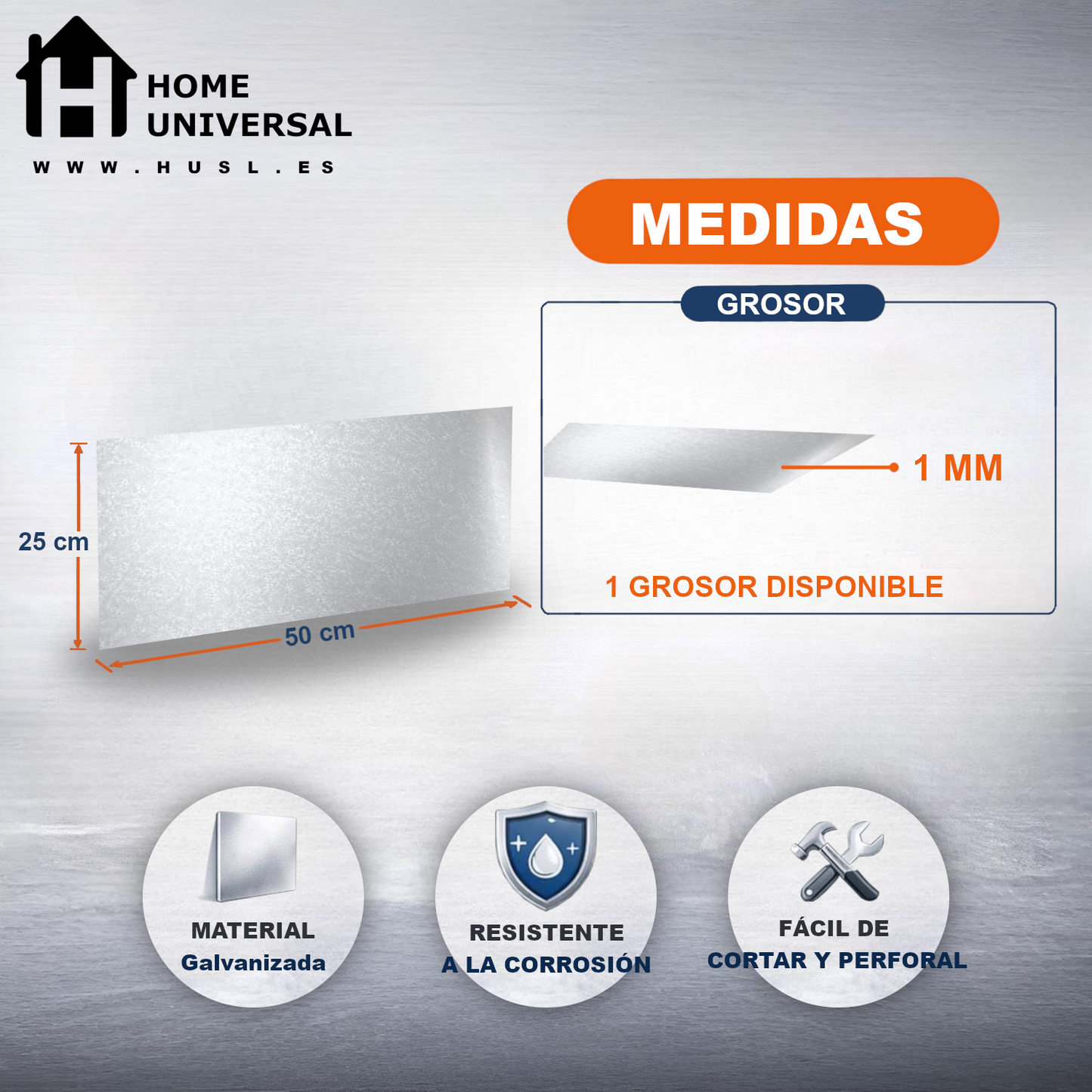 Home Universal® Chapa Galvanizada Lisa y Perforada, Lámina Metálica Resistente Anticorrosión para Bricolaje(Superficie Liso Brillante (25X50CM - 1 MM))