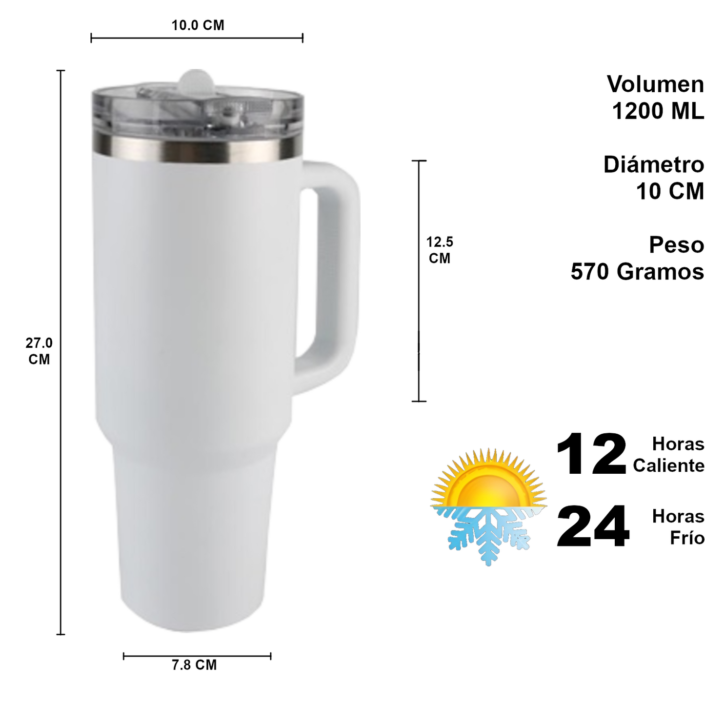 Home Universal ® Botella térmico 1200 ml con Pajita | A prueba de fugas | Acero Inoxidable sin BPA | Mantiene Frío 24h y Calor 12h | Termo Reutilizable Fácil de Llevar (Blanco)