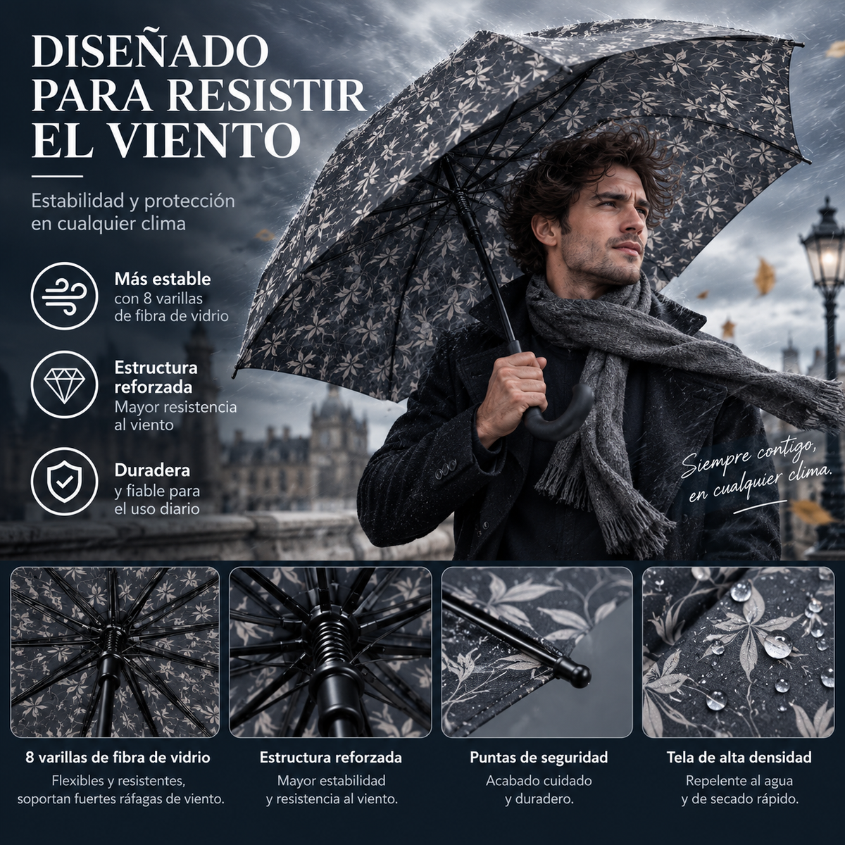 Home Universal® Paraguas Grande Semiautomático, Paraguas Largo Resistente al Viento con Mango Curvo para Mujer y Hombre (Gris Elegance)