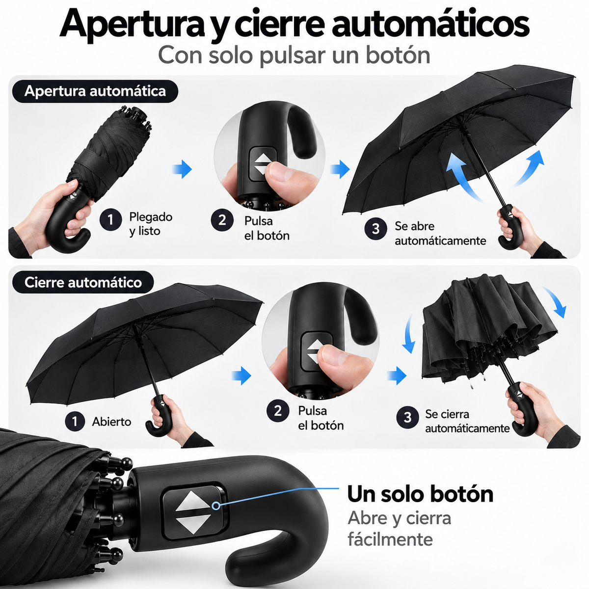 Home Universal® Paraguas Automático Plegable Grande, Compacto y Resistente, para Lluvia y Sol (Mango Curvo (Negro))