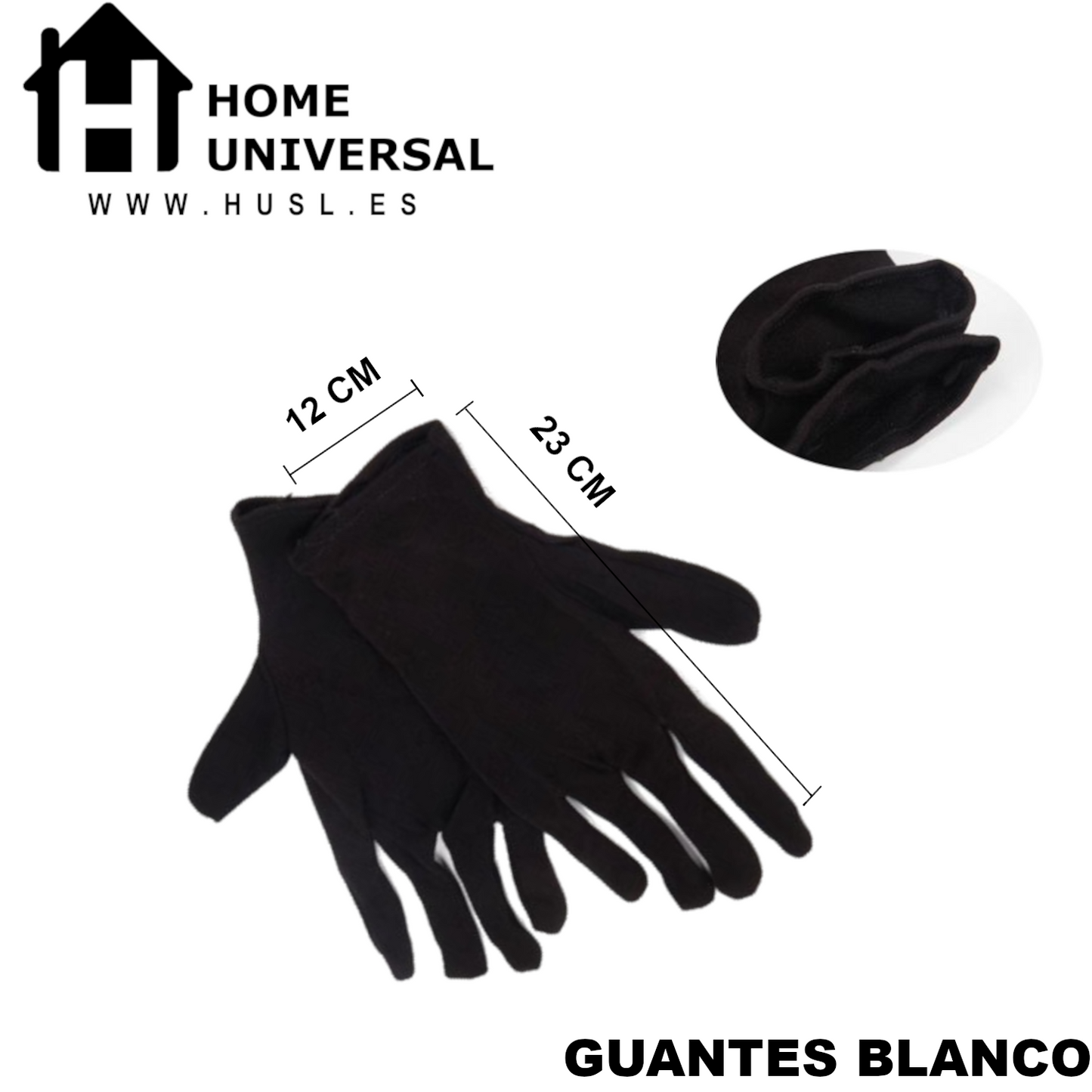 Home Universal®  Guantes de Algodón 100% Blancos y Negros – Guantes Suaves y Transpirables para Hogar, Archivo, Joyería y Manipulación Delicada (Negro)
