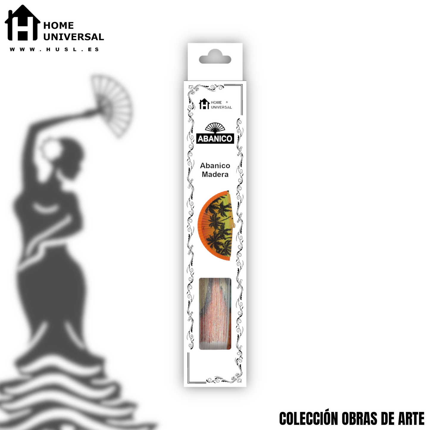 Home Universal®  Abanico 23CM DE Madera Lisa con Tela de Marfil, Abanico de Madera Adornado, Abanico Original - Puesta de Sol Palmeras (Dibujo Artístico)