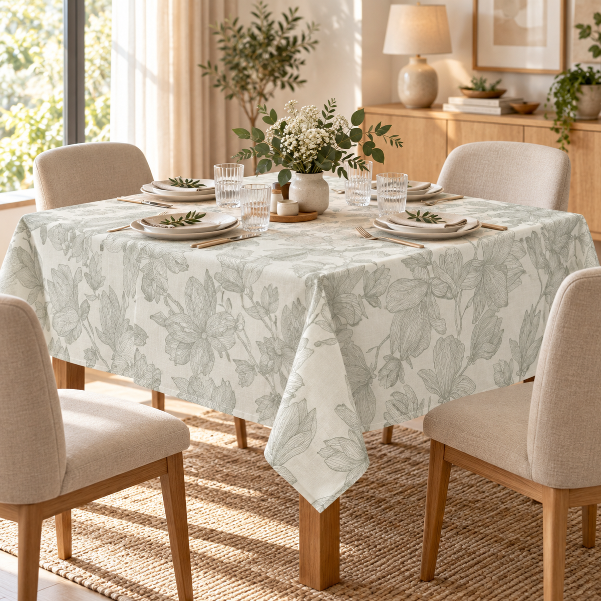 Home Universal® Mantel de Mesa Impermeable y Antimanchas, Tejido de Loneta con Efecto Lino , Liso o Estampado, para Cocina y Comedor (Flores Botánicas)