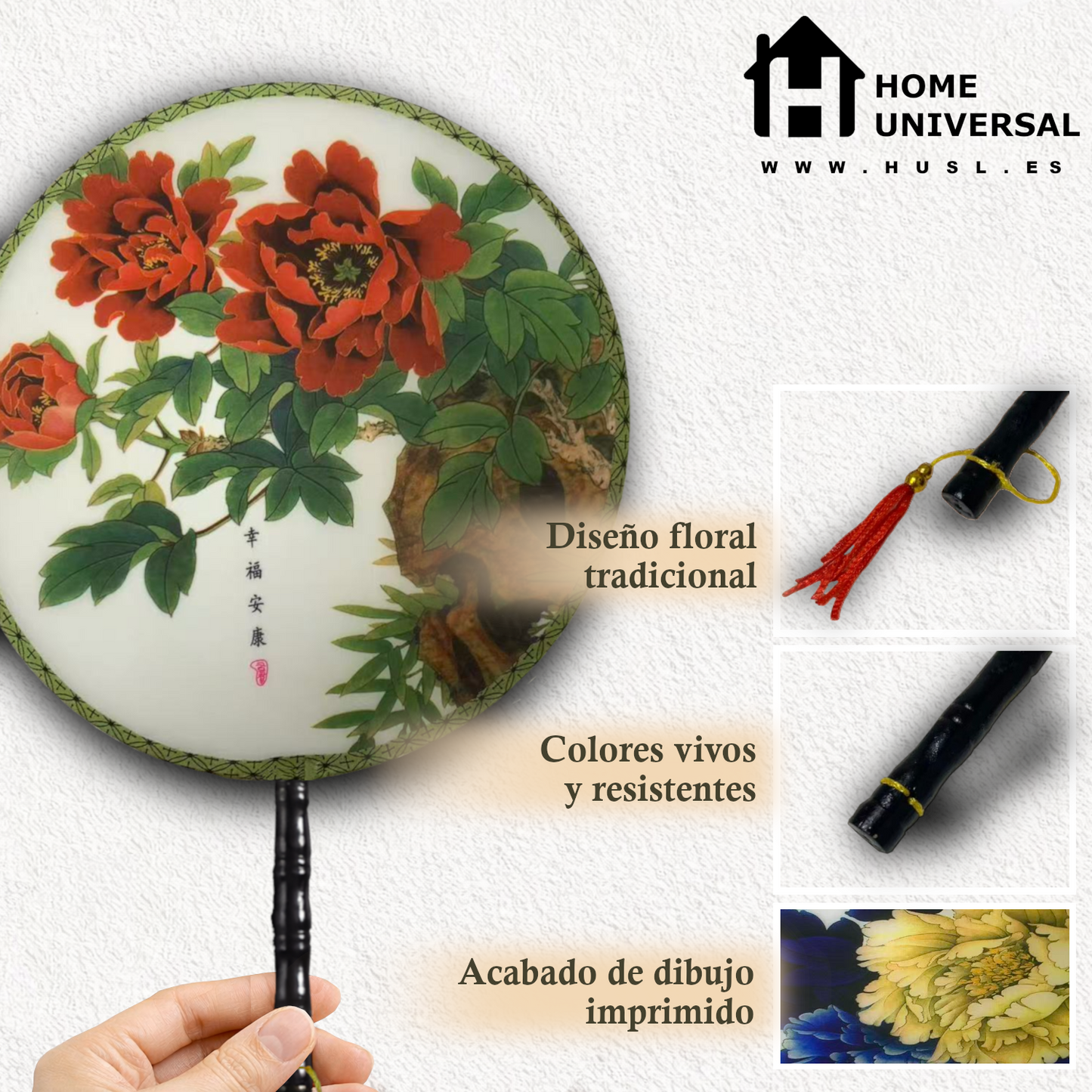 Home Universal® Abanico Redondo Chino - Imprimido de una Sola Cara – Abanico Clásico de Seda Translúcido y Sedoso con Patrón Floral y Mango de Madera – Estilo Oriental Antiguo Decorativo para Hogar o Regalo (Peonías Rojas Clásicas)