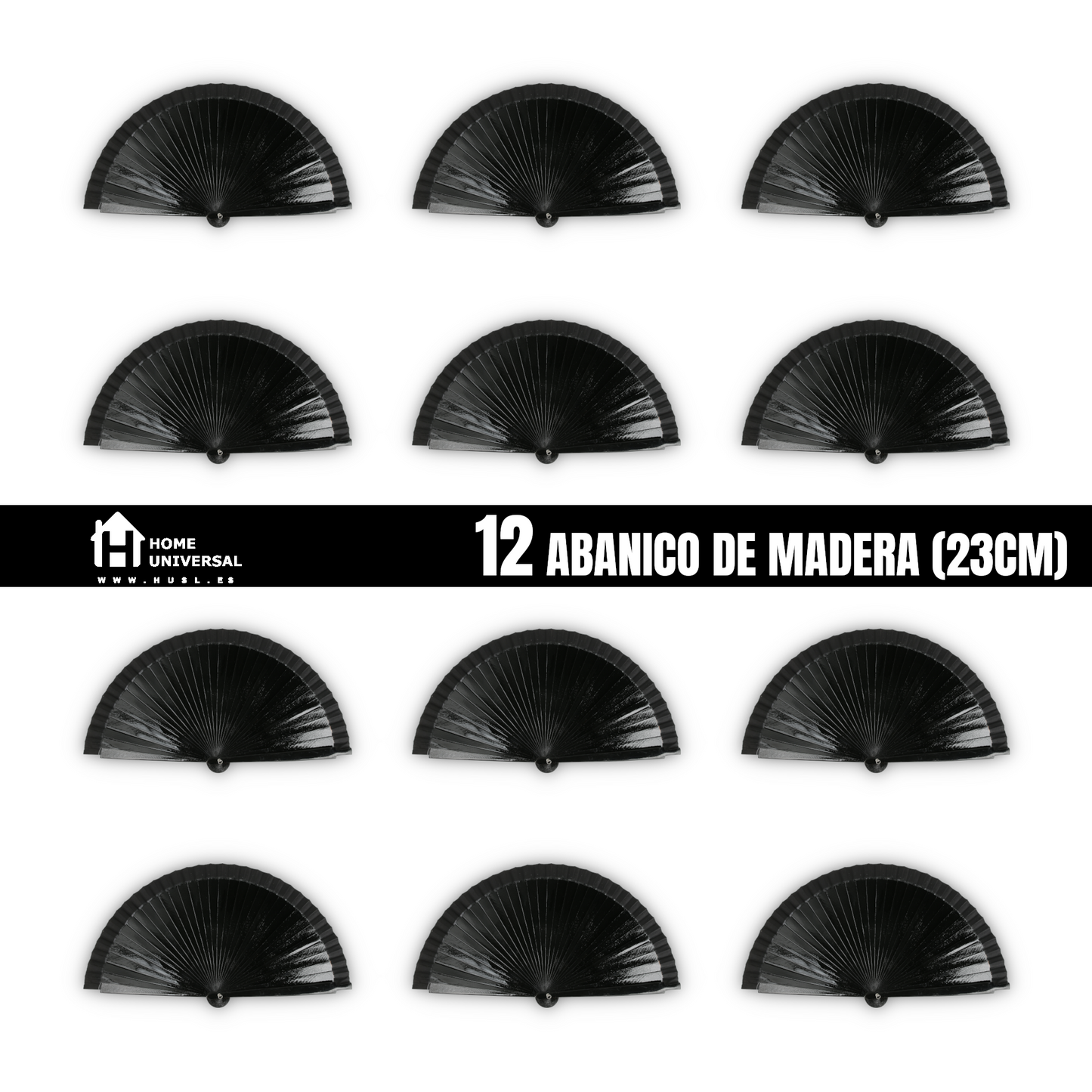 Home Universal® Abanico de madera con argollas para colgar, plegable, ligero y resistente, ideal para bodas, eventos y verano, diseño clásico y portátil perfecto para regalo y uso diario - Negro (23CM)
