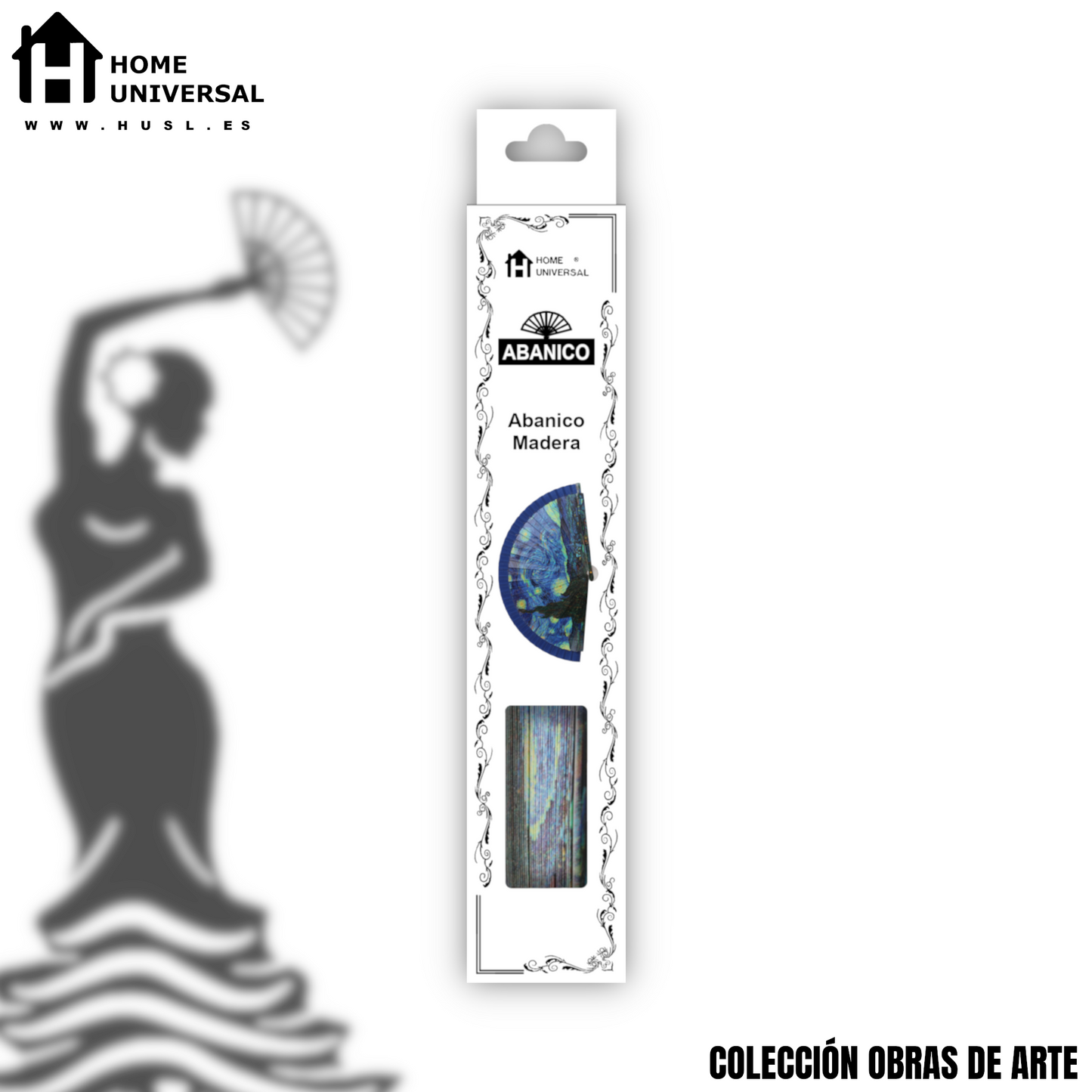 Home Universal®  Abanico 23CM DE Madera Lisa con Tela de Marfil, Abanico de Madera Adornado, Abanico Original - La Noche Estrellada de Vincent Van Gogh
