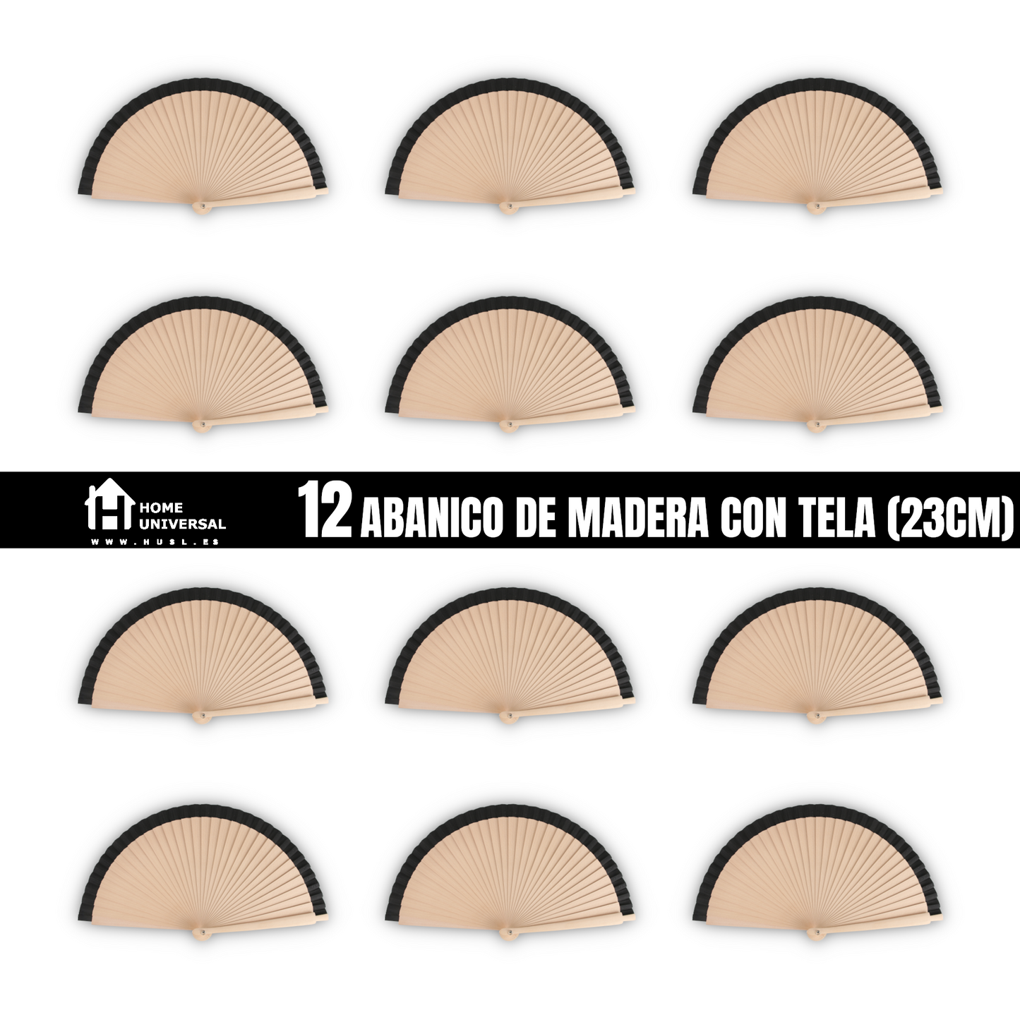 Home Universal®  Abanicos de Madera con Argolla para Cuello, Plegables con Tela en Varios Colores - Ligeros, Portátiles y Resistentes para Eventos, Bodas y Verano - Negro 23 CM (12 Unidades)