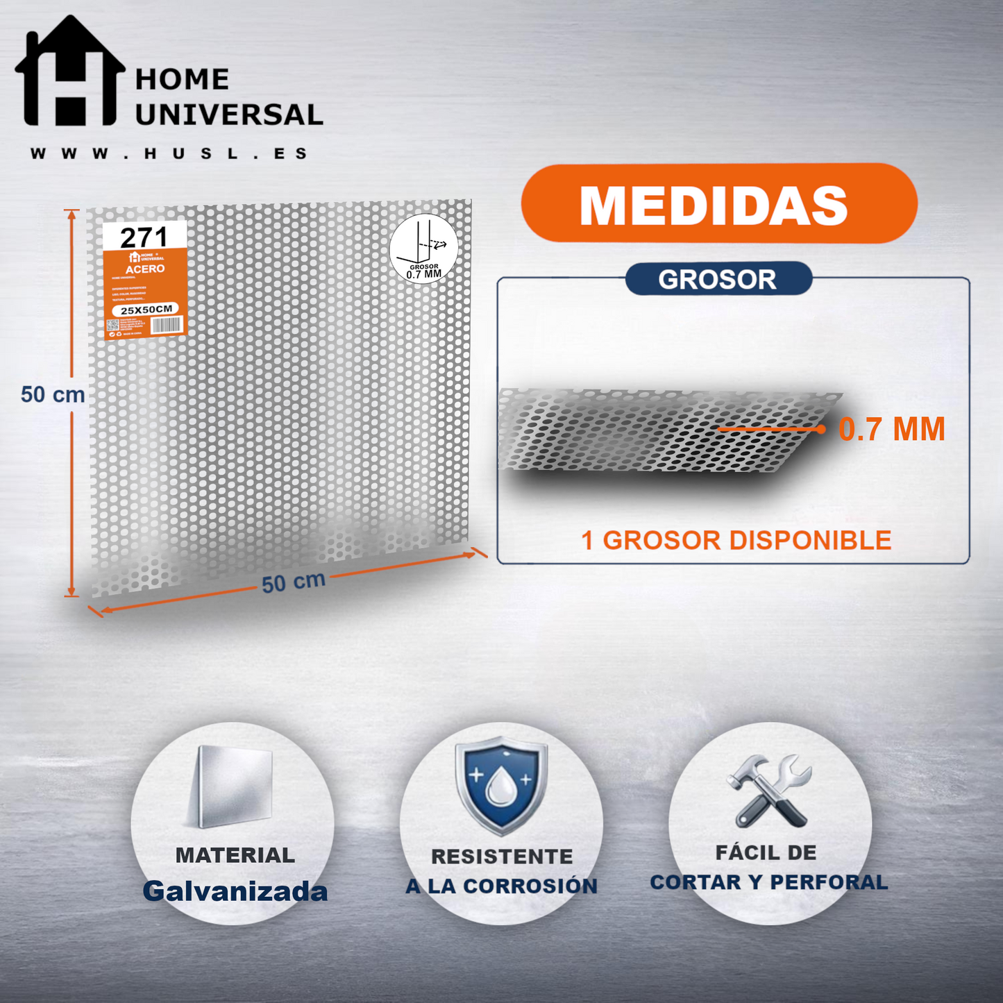 Home Universal® Chapa Galvanizada Lisa y Perforada, Lámina Metálica Resistente Anticorrosión para BricolajeSuperficie (Superficie Perforada Redondo-5MM (50X50CM - 0.7MM))