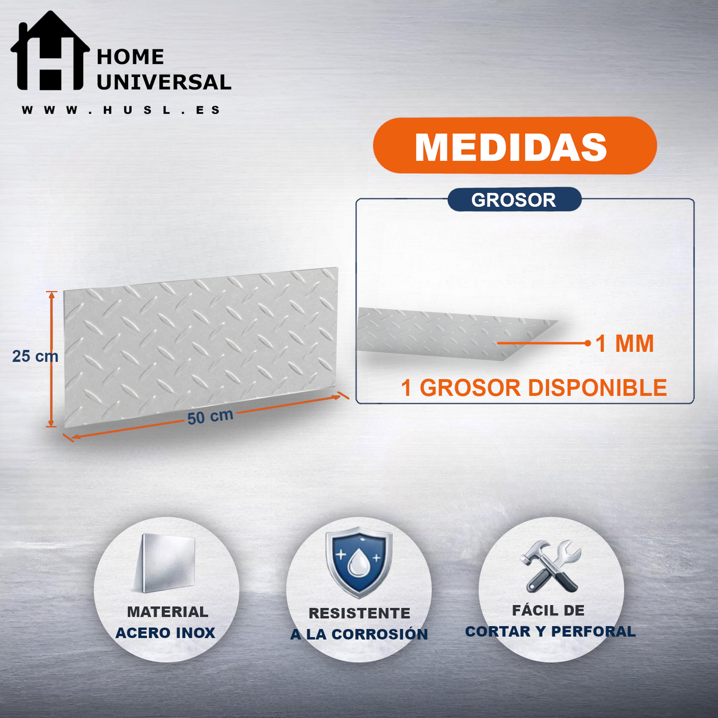 Home Universal® Chapa Acero inoxidable Superficie Liso, Estriada, Perforación Cuadrifolio – Lámina Metálica Resistente Anticorrosión para Bricolaje e Industria-Estriada  (50X50CM - 1MM)
