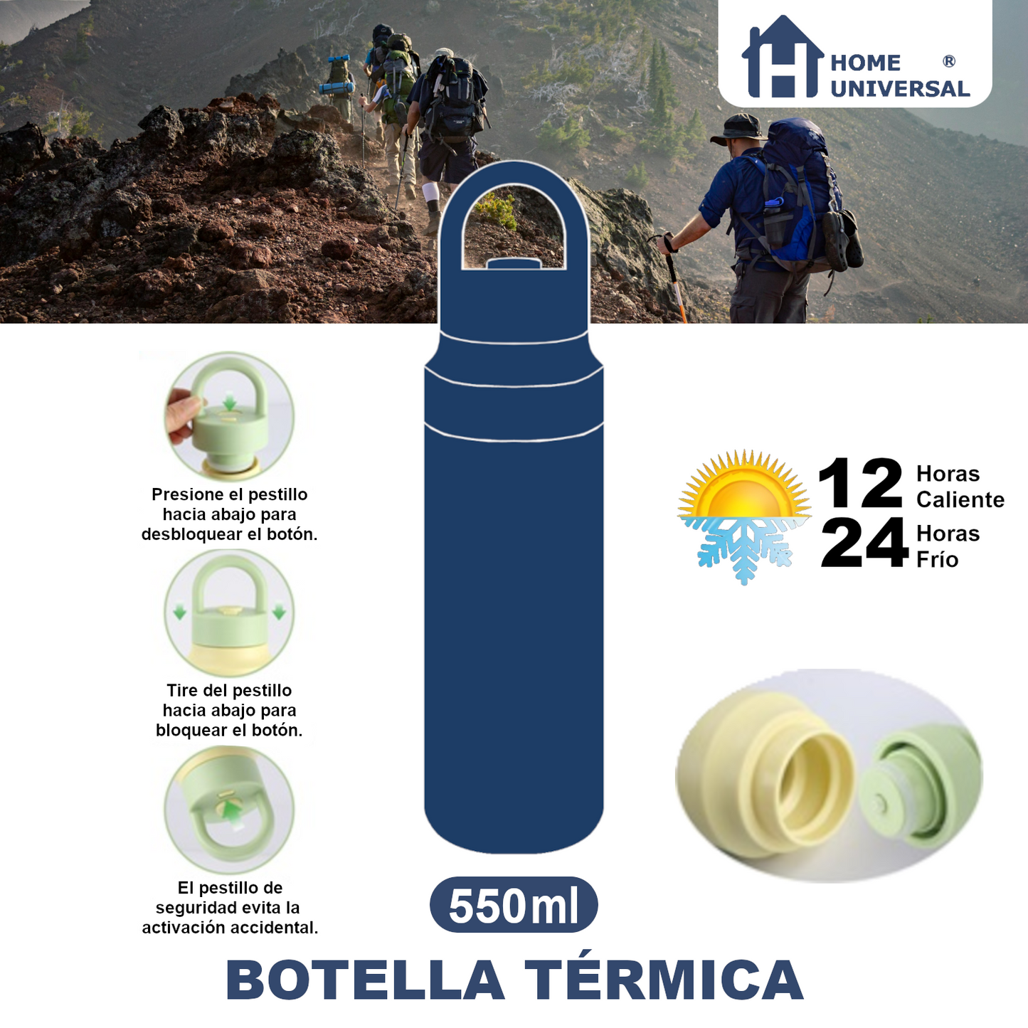 Home Universal® Botella Térmica 550ML de Apertura Rápida – Termo de Acero Inoxidable Antifugas para Café, Té y Bebidas Frías 24H/Calientes 12H (Verde Claro)