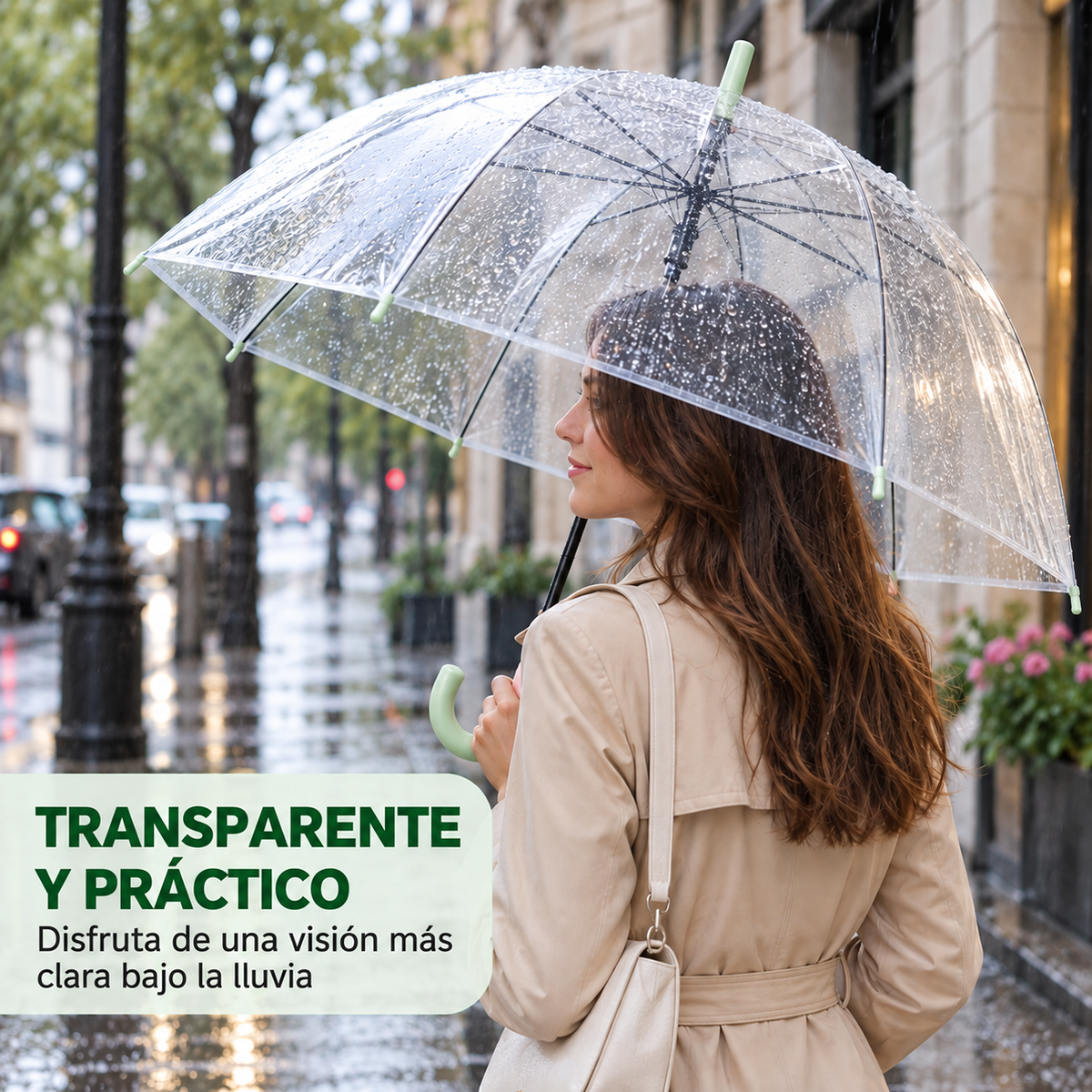 Home Universal® Paraguas Transparente Grande 120 cm, Paraguas de Cúpula con Mango Curvo, Apertura Semiautomática (Verde)