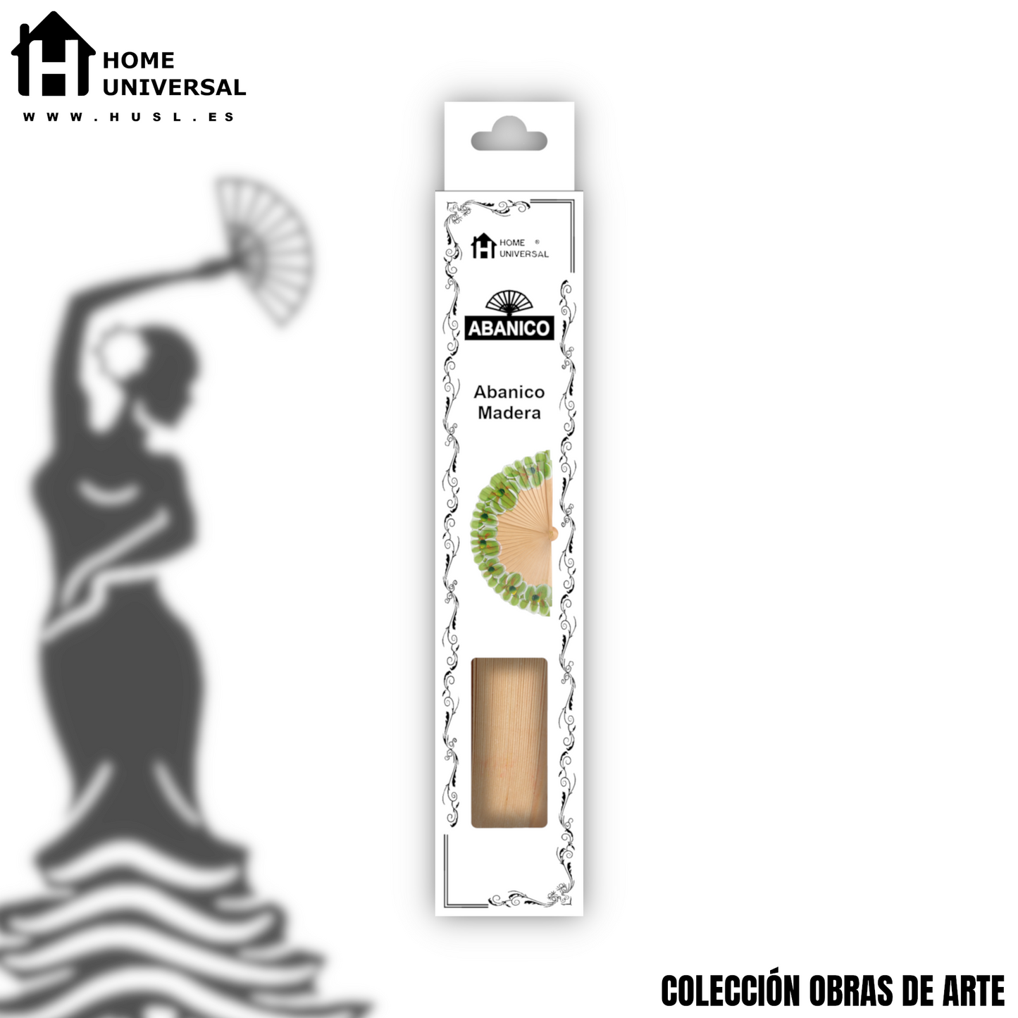 Home Universal®  Abanico 23CM DE Madera Lisa con Tela de Marfil, Abanico de Madera Adornado, Abanico Original - Floral Verde