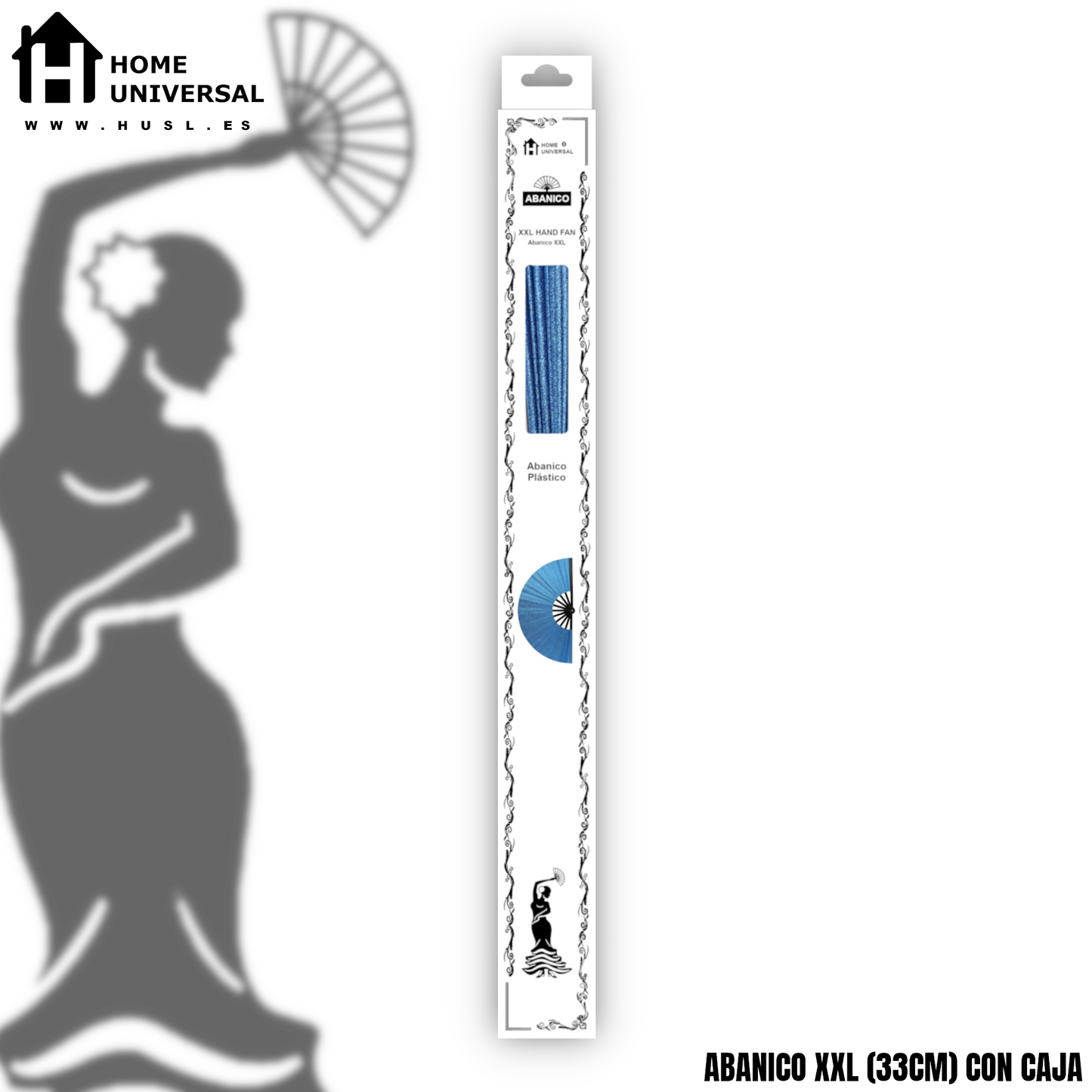 Home Universal® Abanico XXL 33 cm Grande de Plástico con Caja – Plegable, Ligero y Resistente – Efecto Fluorescente Brillante – Ideal para Verano, Fiesta, Discoteca, Pride y Eventos - Azul (Purpurina)