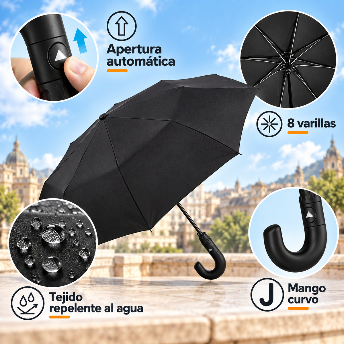 Home Universal® Paraguas Automático Plegable Grande, Compacto y Resistente, para Lluvia y Sol (Solo Apertura Automática (Mango Curvo))