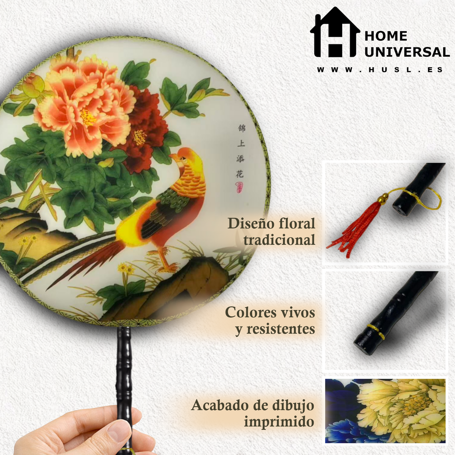 Home Universal® Abanico Redondo Chino - Imprimido de una Sola Cara – Abanico Clásico de Seda Translúcido y Sedoso con Patrón Floral y Mango de Madera – Estilo Oriental Antiguo Decorativo para Hogar o Regalo (Ave Dorada entre Peonías)