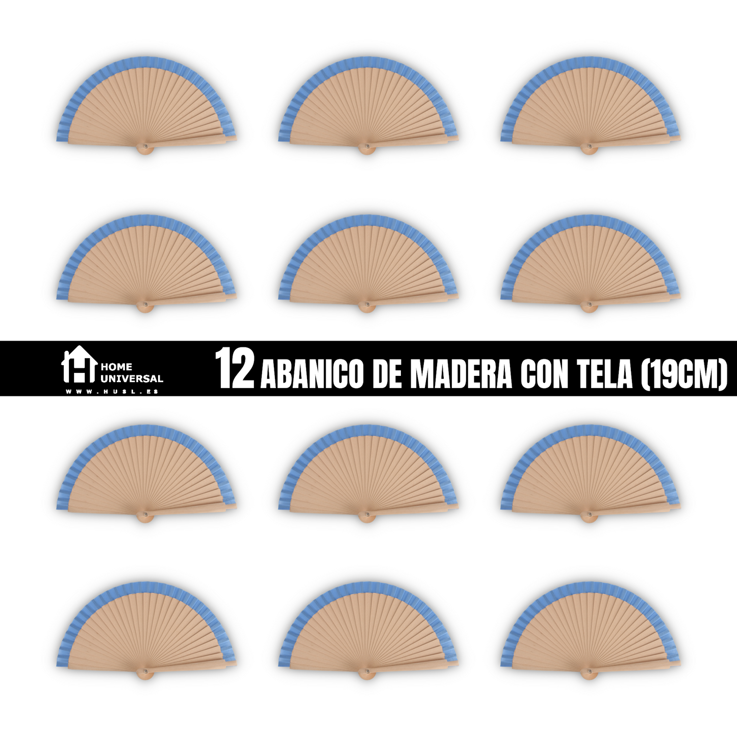 Home Universal®  Abanicos de Madera con Argolla para Cuello, Plegables con Tela en Varios Colores - Ligeros, Portátiles y Resistentes para Eventos, Bodas y Verano - Azul 19 CM (12 Unidades)