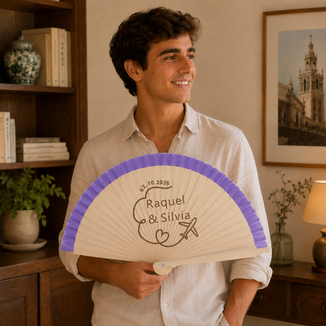Home Universal® Abanico Personalizado de Madera, 1 Unidad – Detalle Elegante para Boda, Bautizo o Comunión, con Nombre y Fecha, Recuerdo Original para Invitados, 19 y 23 cm(Morado)