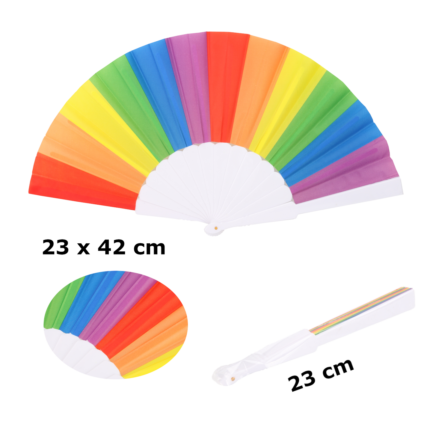 Home Universal® H.U.S.L® Pack 12 Abanicos Plástico 23CM, Abanicos para Eventos, DETALLES PARA LOS INVITADOS, REGALOS DE BODA, FIESTAS, COMUNIÓN O BAUTIZO, REGALOS COMUNIÓN PARA INVITADOS (Arcoíris)