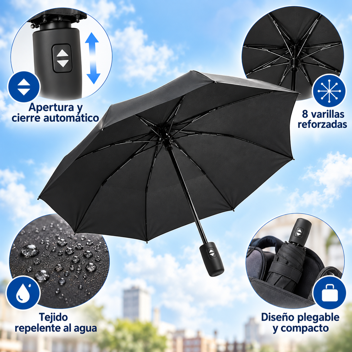 Home Universal® Paraguas Automático Plegable Grande, Compacto y Resistente, para Lluvia y Sol (Automático Apertura y Cierre (Negro))