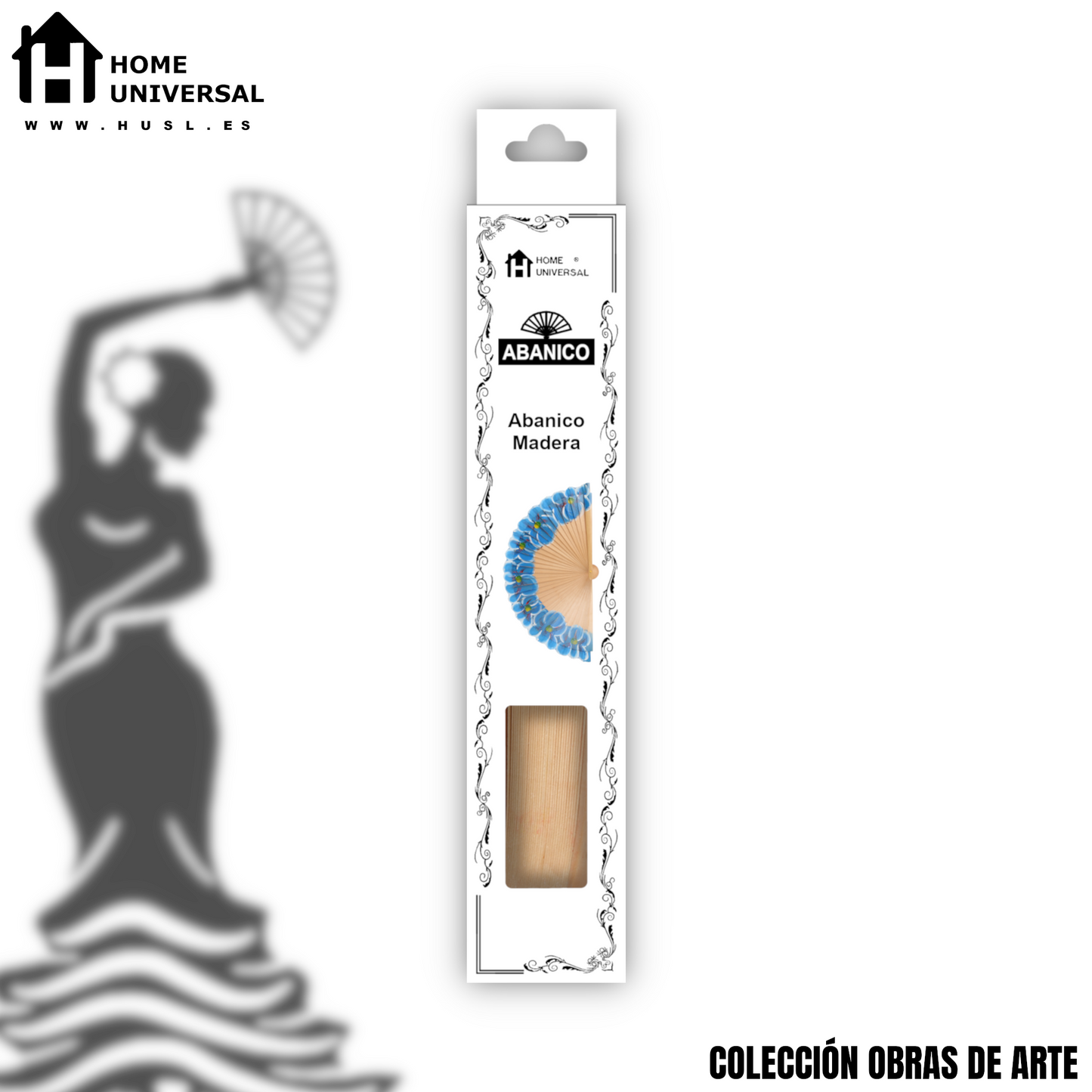 Home Universal®  Abanico 23CM DE Madera Lisa con Tela de Marfil, Abanico de Madera Adornado, Abanico Original - Floral Azul