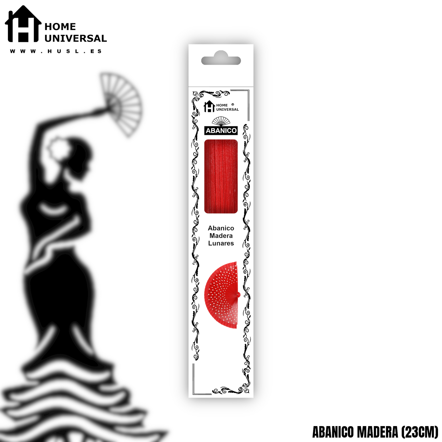 Home Universal®  Abanico Español Plegable de Madera con Argolla de Doble Cara Rojo con Lunares - Ventilador de Mano Ligero Portátil para Flamenco, Bodas, Fiesta y Verano - Rojo Con Lunar Blanco - 23 CM (12 Unidades)