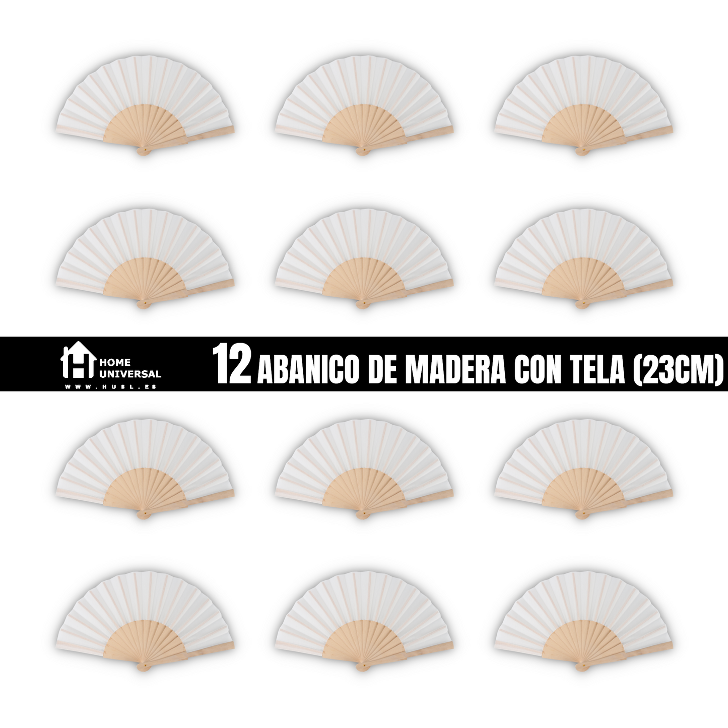 Home Universal ® Pack 12 Unidades Abanicos Madera con Tela Lisa 23cm, Detalles para los Invitados, Regalos de Boda, Fiestas, Comuniones y Otros Eventos - Blanco (12 Unidades)