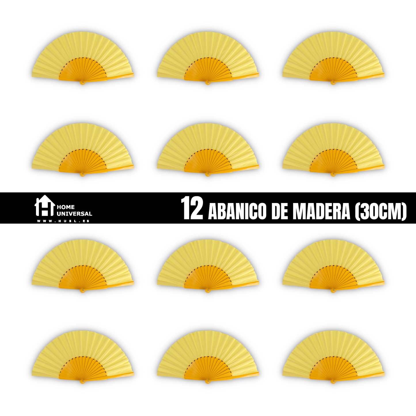 Home Universal® Abanico de madera con argollas para colgar, plegable, ligero y resistente, ideal para bodas, eventos y verano, diseño clásico y portátil perfecto para regalo y uso diario - Amarillo (30CM)