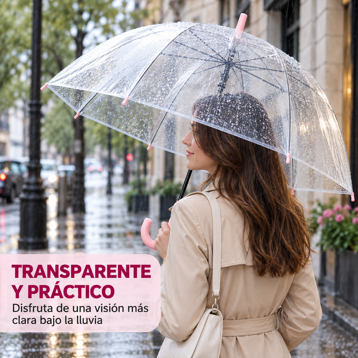 Home Universal® Paraguas Transparente Grande 120 cm, Paraguas de Cúpula con Mango Curvo, Apertura Semiautomática (Rosa)