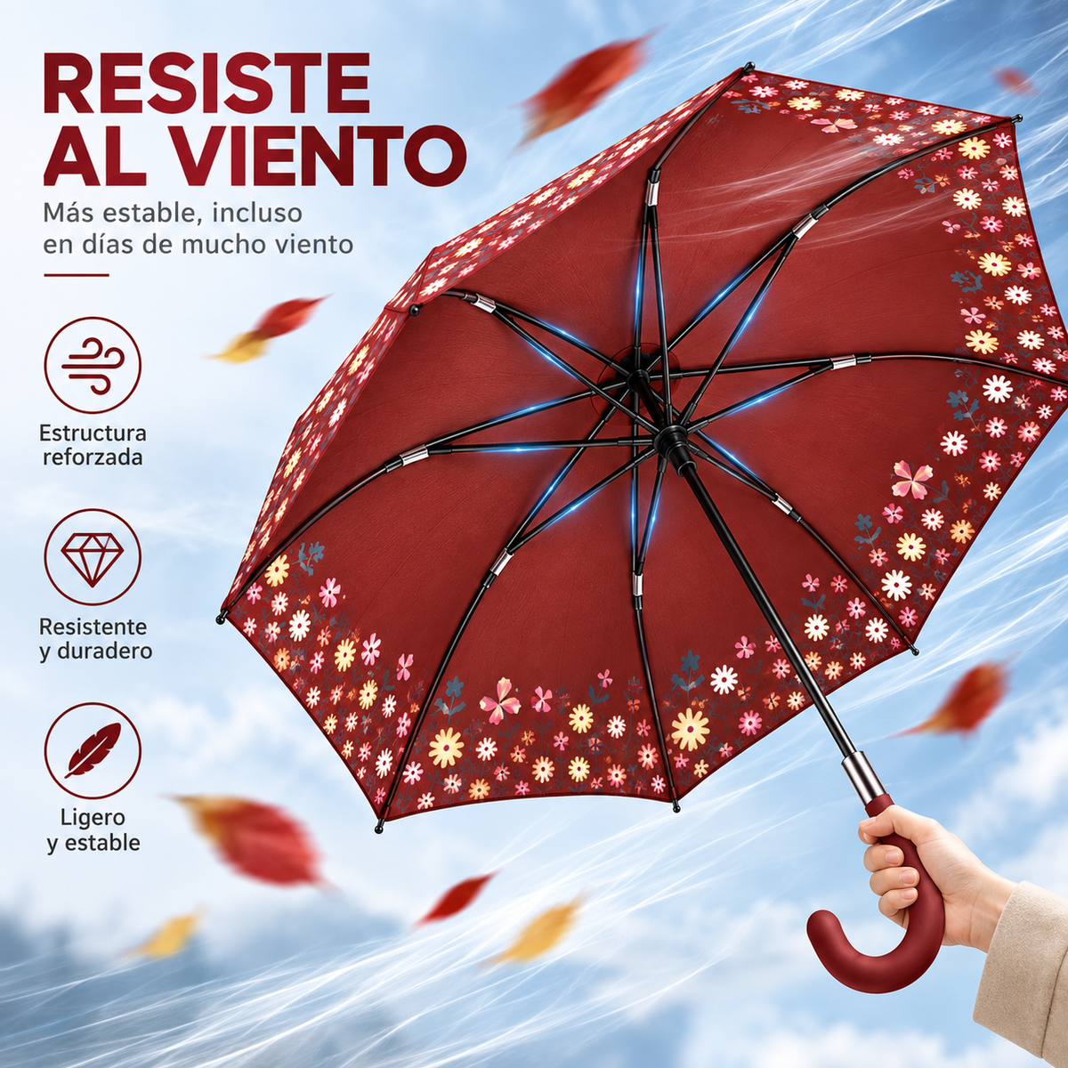 Home Universal® Paraguas Grande Semiautomático, Paraguas Largo Resistente al Viento con Mango Curvo para Mujer y Hombre (Rojo Pasión)
