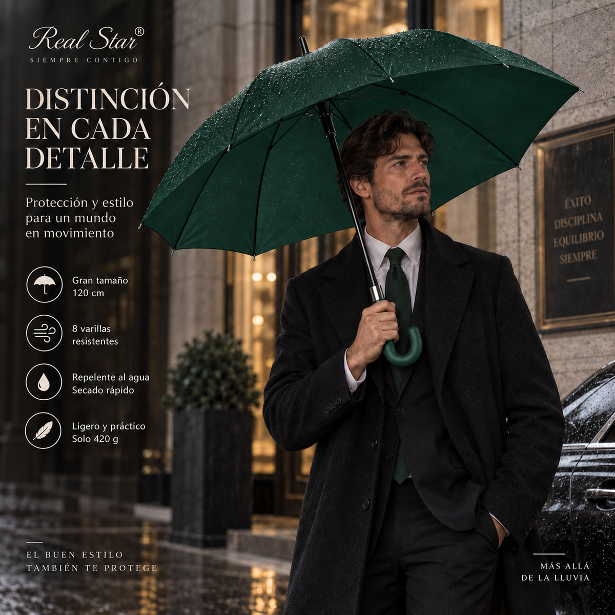 Home Universal® Paraguas Grande Semiautomático, Paraguas Largo Resistente al Viento con Mango Curvo para Mujer y Hombre (Verde (Liso))
