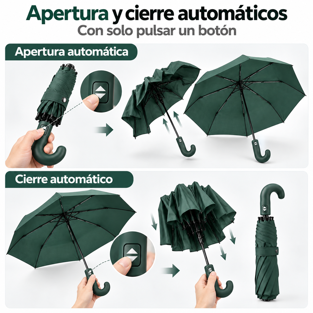 Home Universal® Paraguas Automático Plegable Grande, Compacto y Resistente, para Lluvia y Sol (Mango Curvo (Verde))