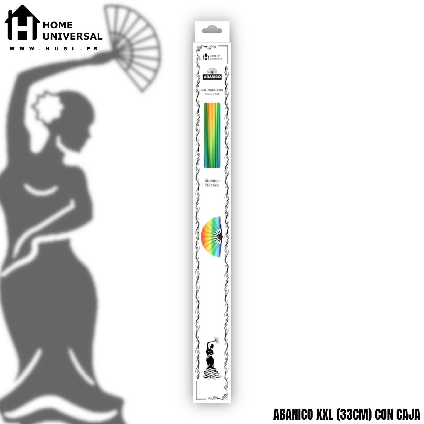 Home Universal® Abanico XXL 33 cm Grande de Plástico con Caja – Plegable, Ligero y Resistente – Efecto Fluorescente Brillante – Ideal para Verano, Fiesta, Discoteca, Pride y Eventos (ArcoÍris - Degradado)