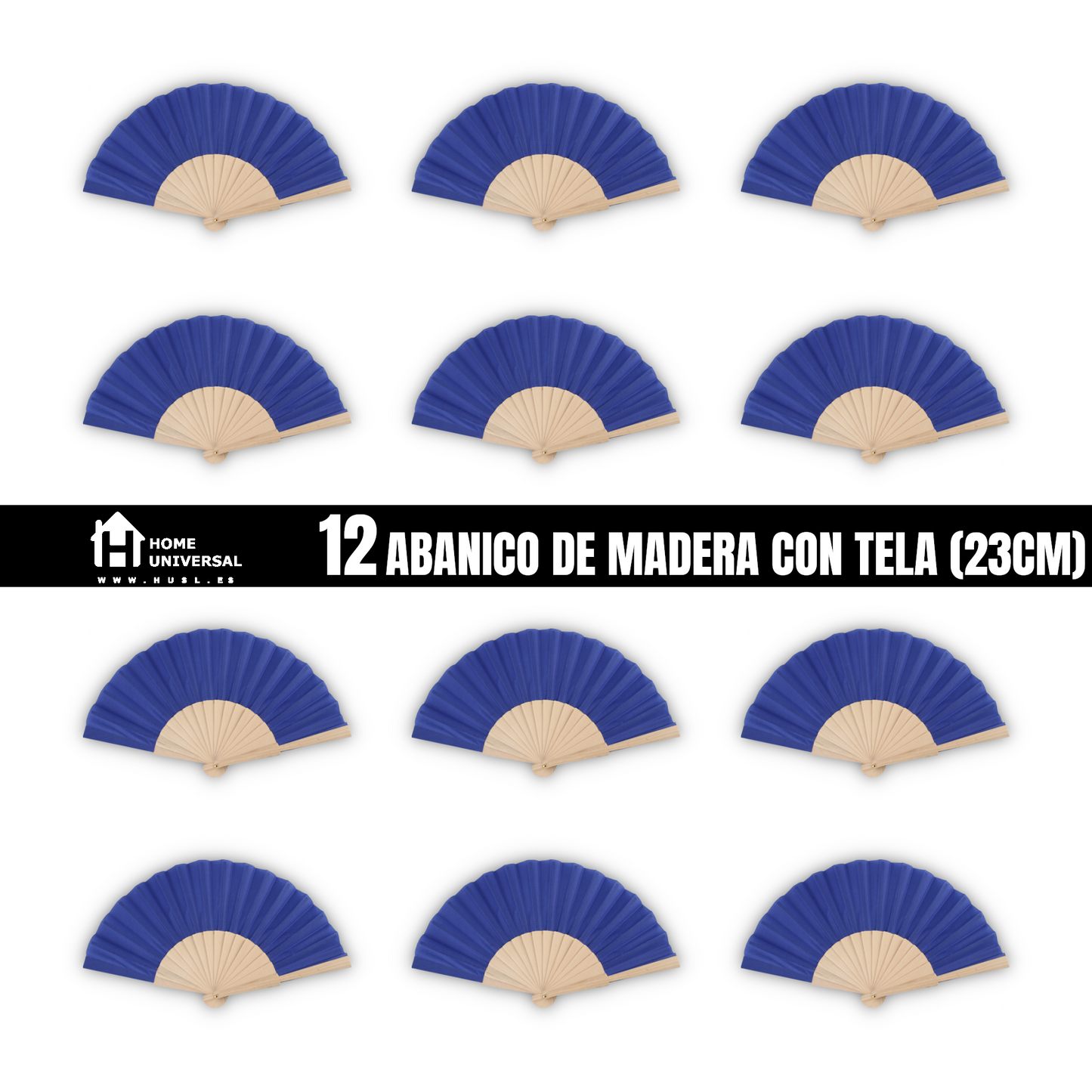 Home Universal ® Pack 12 Unidades Abanicos Madera con Tela Lisa 23cm, Detalles para los Invitados, Regalos de Boda, Fiestas, Comuniones y Otros Eventos - Azul Marino (12 Unidades)