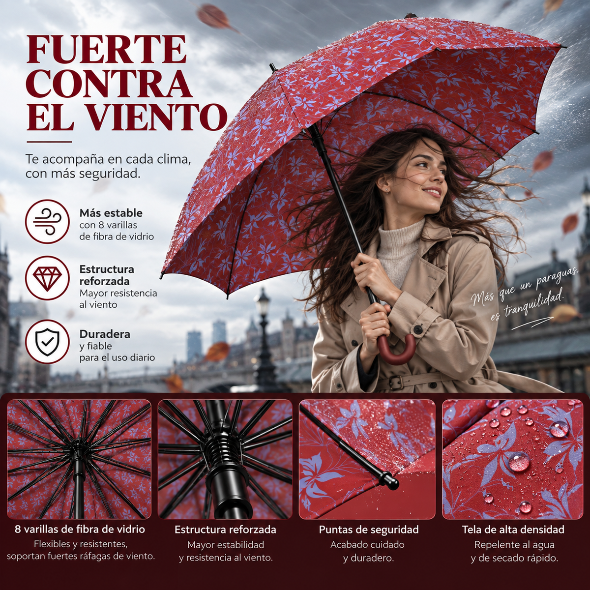 Home Universal® Paraguas Grande Semiautomático, Paraguas Largo Resistente al Viento con Mango Curvo para Mujer y Hombre (Rojo Carmesí)
