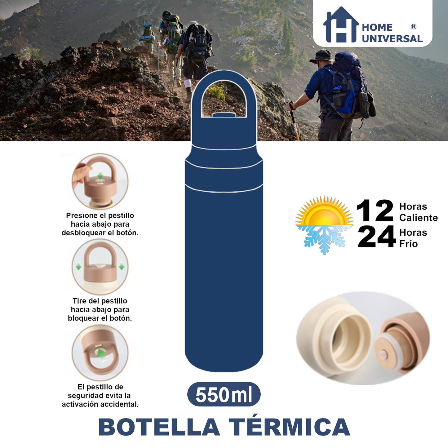 Home Universal® Botella Térmica 550ML de Apertura Rápida – Termo de Acero Inoxidable Antifugas para Café, Té y Bebidas Frías 24H/Calientes 12H (Marrón Claro)