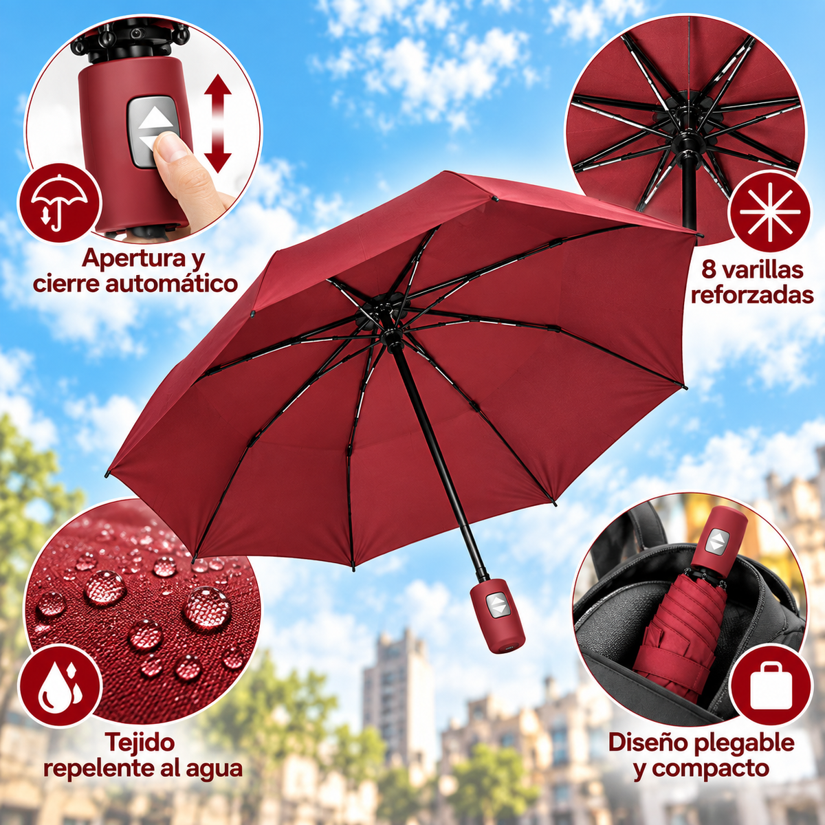 Home Universal® Paraguas Automático Plegable Grande, Compacto y Resistente, para Lluvia y Sol (Automático Apertura y Cierre (Rojo))
