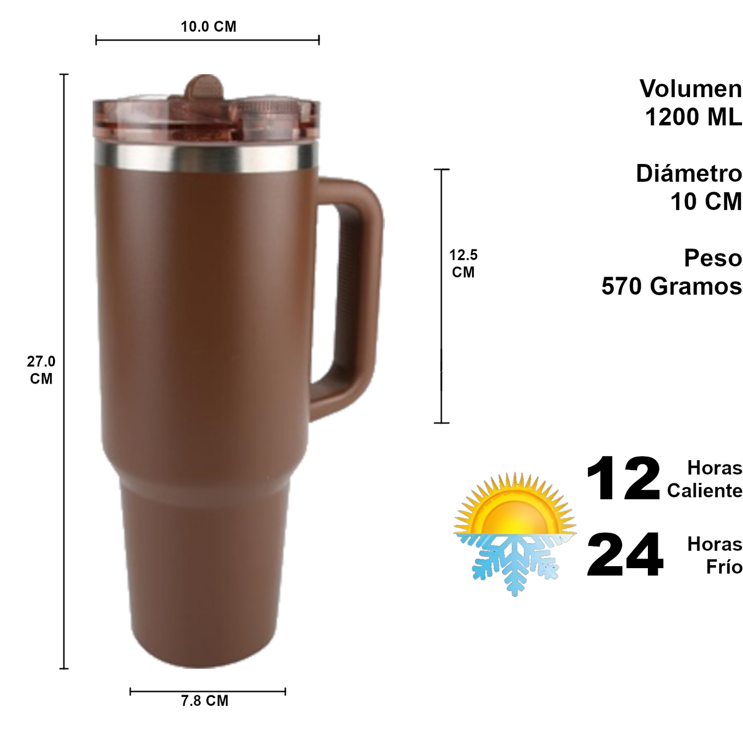 Home Universal ® Botella térmico 1200 ml con Pajita | A prueba de fugas | Acero Inoxidable sin BPA | Mantiene Frío 24h y Calor 12h | Termo Reutilizable Fácil de Llevar (Marrón)