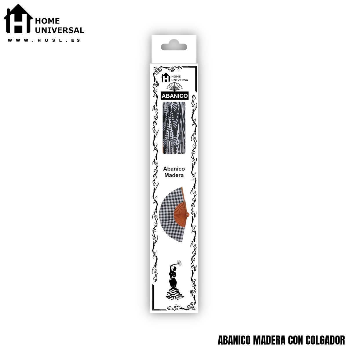 Home Universal® Abanico de Madera con Tela 23 cm, Abanico Plegable de Mano con Cordón, Ligero y Portátil para Verano, Bodas, Ferias y Fiestas (Vichy Negro)