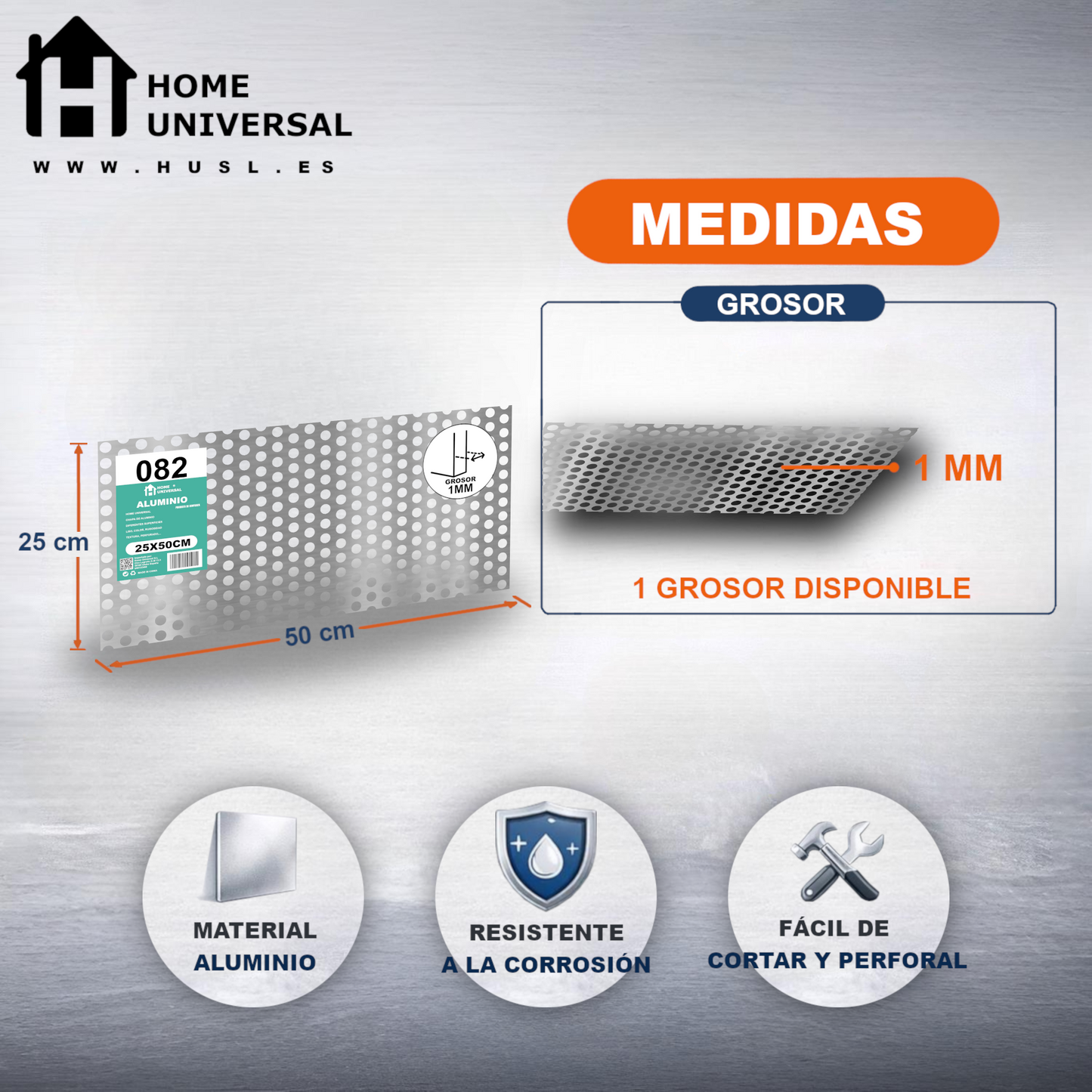 ome Universal® Chapa de Aluminio Estriada, Lisa, Malla y Perforada (Cuadrada, Ovalada, Redonda), Rugosa – Lámina Metálica Resistente Anticorrosión para Bricolaje e Industria Superficie (Perforada Redondo) - Perforada Redondo-8MM (25X50CM - 1MM)