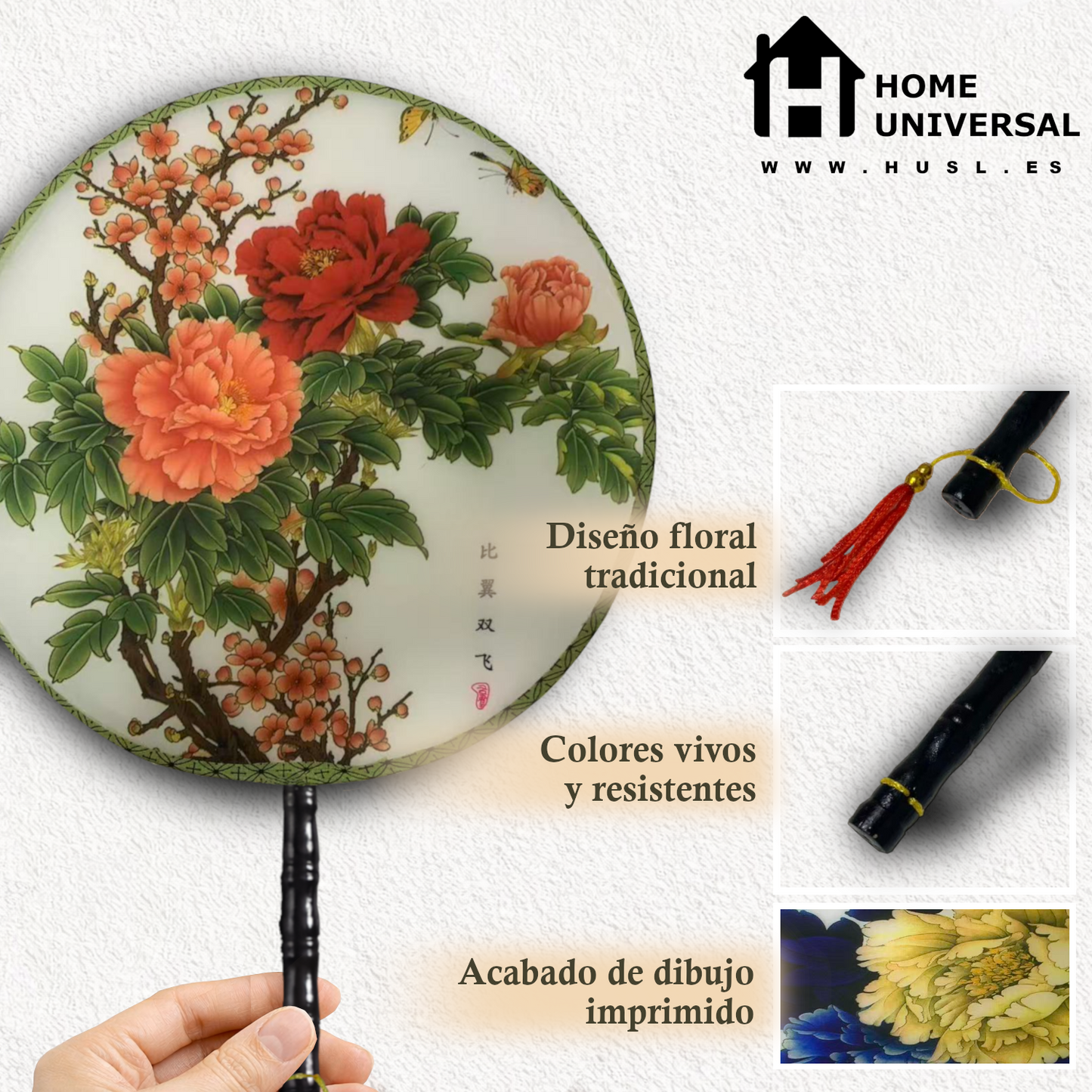Home Universal® Abanico Redondo Chino - Imprimido de una Sola Cara – Abanico Clásico de Seda Translúcido y Sedoso con Patrón Floral y Mango de Madera – Estilo Oriental Antiguo Decorativo para Hogar o Regalo (Peonías Coral en Flor)