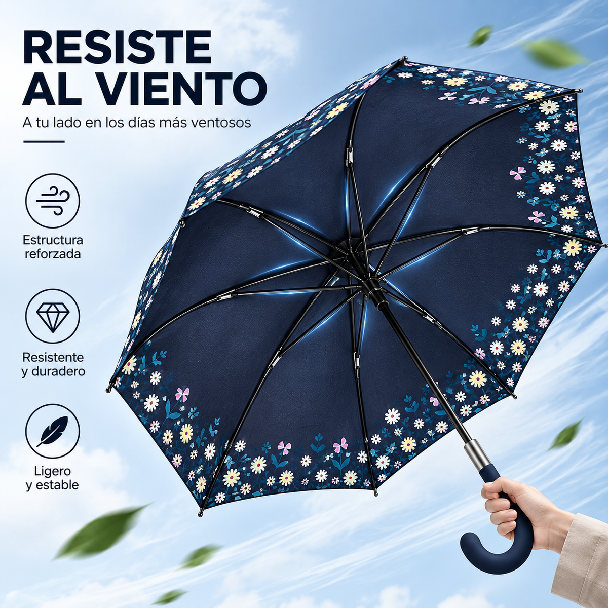Home Universal® Paraguas Grande Semiautomático, Paraguas Largo Resistente al Viento con Mango Curvo para Mujer y Hombre (Azul Jardín)