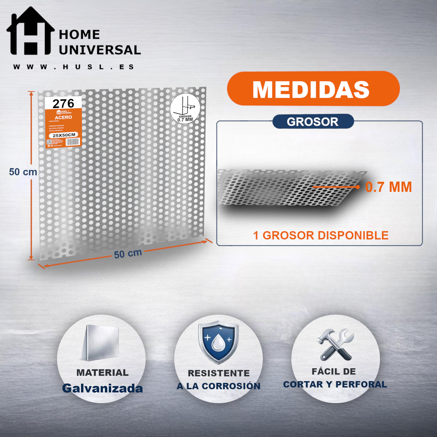 Home Universal® Chapa Galvanizada Lisa y Perforada, Lámina Metálica Resistente Anticorrosión para BricolajeSuperficie (Superficie Perforada Redondo-8MM (50X50CM - 0.7MM))