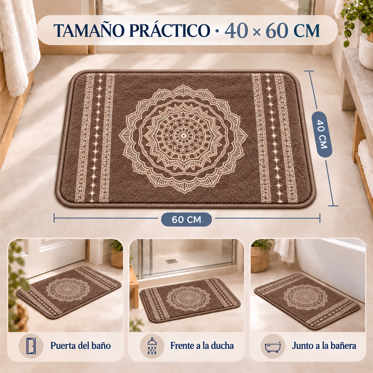 Home Universal® 2 Alfombras de Baño Absorbentes y Antideslizantes, Alfombrillas Suaves con Base de Goma, Lavables a Máquina, para Ducha, Bañera y Lavabo (Mandala Marrón, 40 x 60 cm (Rectangular))