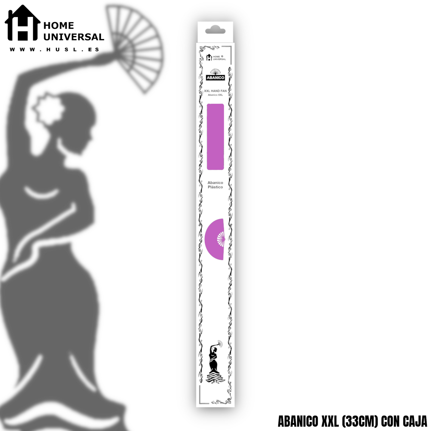 Home Universal® Abanico XXL 33 cm Grande de Plástico con Caja – Plegable, Ligero y Resistente – Efecto Fluorescente Brillante – Ideal para Verano, Fiesta, Discoteca, Pride y Eventos - Morado (Purpurina)