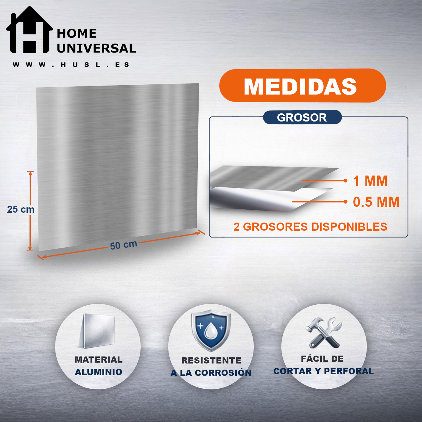 ome Universal® Chapa de Aluminio Estriada, Lisa, Malla y Perforada (Cuadrada, Ovalada, Redonda), Rugosa – Lámina Metálica Resistente Anticorrosión para Bricolaje e Industria (Superficie (Liso)) - Mate (50X50CM - 0.5MM)