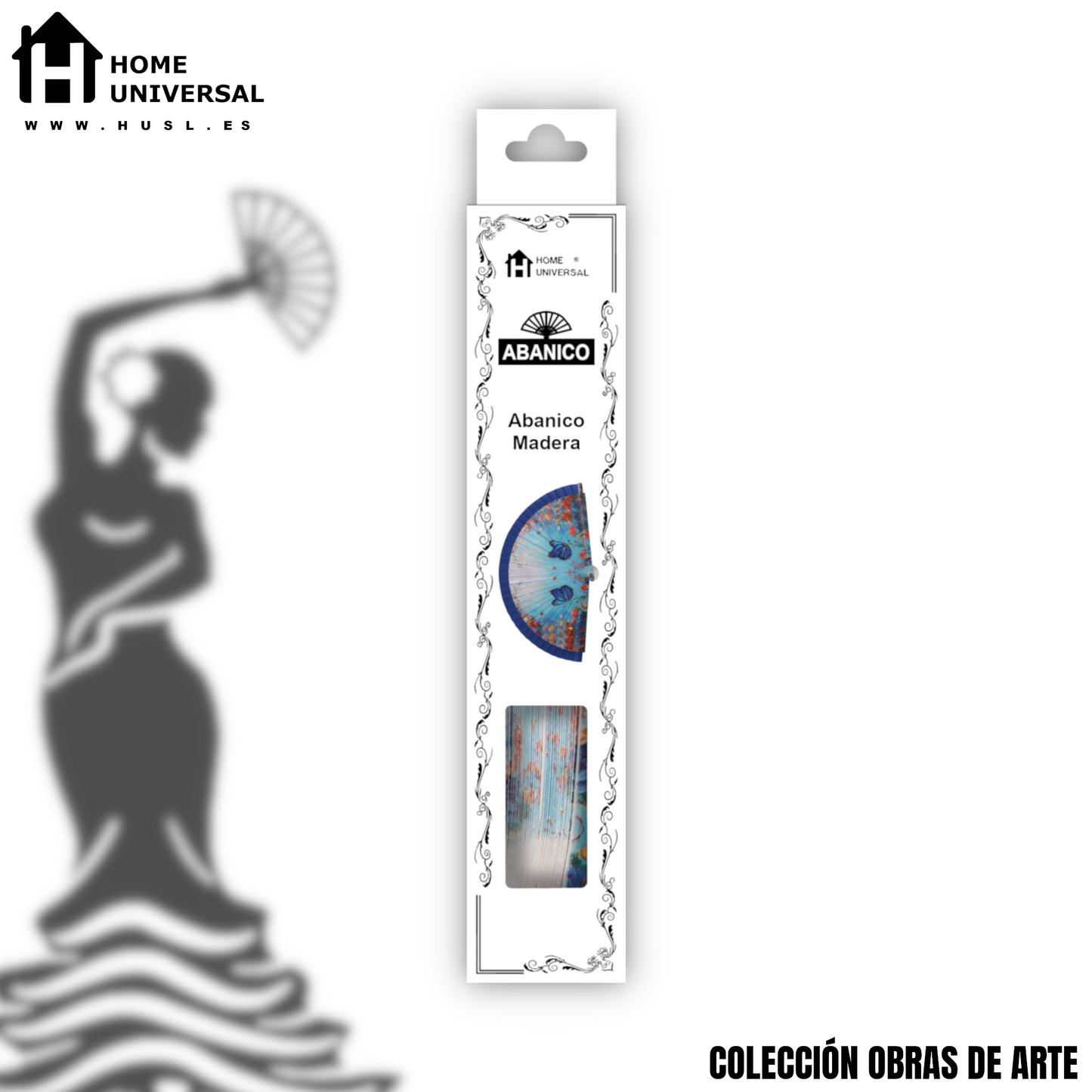 Home Universal®  Abanico 23CM DE Madera Lisa con Tela de Marfil, Abanico de Madera Adornado, Abanico Original - Mariposas y Rosas (Dibujo Artístico)